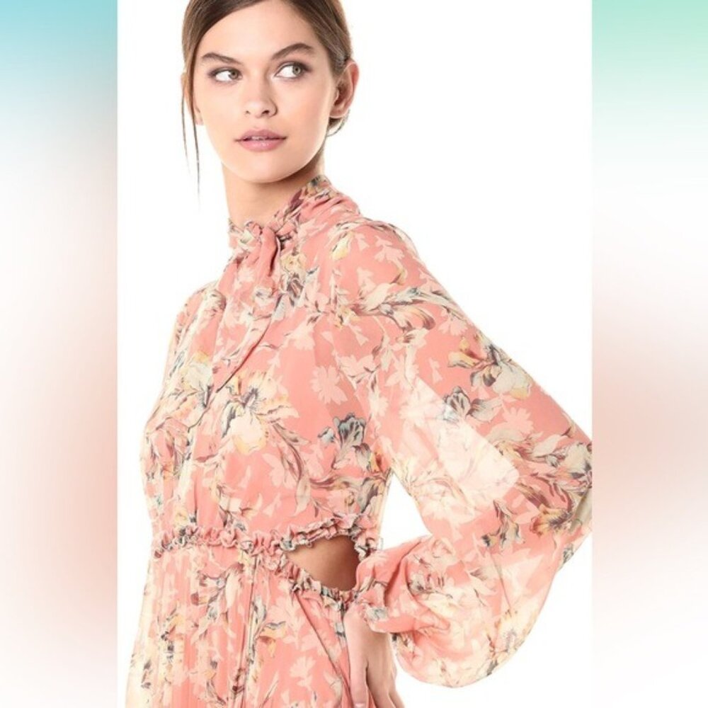 REVOLVE Keepsake Unravel Tie Neck Floral Print Pleated Peach Blush Dress Lily 2 - Picture 2 of 4